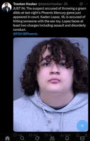 I knew it was some weirdo incel. Trenton Hooker JUST IN: The suspect  accused of throwing a green dildo at last night's Phoenix Mercury game just  appeared in court. Kaden Lopez, 18,