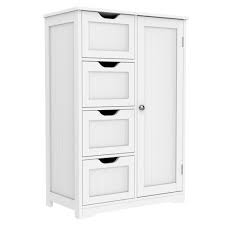 This white storage cabinet features crisp, clean lines and functional storage. 13 38 W X 27 63 H Cabinet Bathroom Floor Cabinets Wooden Bathroom Floor Bathroom Flooring