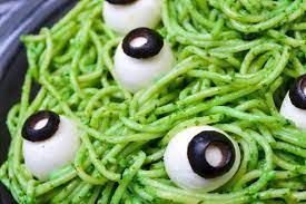 Eyeball Halloween Pasta Recipe Halloween Spaghetti Dinner Mmm Recipe Halloween Pasta Pasta Recipes Green Bean Recipes
