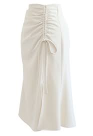 Ruched Drawstring Front Slit Midi Skirt In Cream Retro Indie And Unique Fashion
