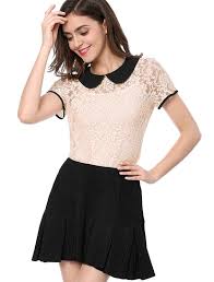 Women S See Through Contrast Peter Pan Collar Lace Top Pink Cl184wha8cm Lace Top Blouse Pink Lace Tops Sheer Lace Top