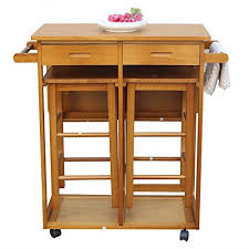 Hobbyn 3 Piece Wood Dining Table Set With 2 Pub Stools Rolling Caster Kitchen Island Table With D Kitchen Island Table Mobile Kitchen Island Wood Dining Table