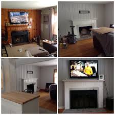 Whether or not to paint wood paneling and moldings is a controversial topic. Painted Over A Knotty Pine Wood Walls Love The Grey And White Mantel We Replaced The Brick On The Wood Paneling Living Room Knotty Pine Walls Wood Paneling