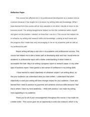 ﻿sample reflection paper (submitted by a student in crim 1006e, fall term 2003) i found the article written by sonia bodi was very informative and interesting. Reflection Paper Reflection Paper This Course Has Affected Me In My Professional Development As A Student And As A Person Because It Has Taught Me A Course Hero