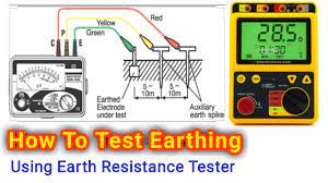 Four earth ground stakes are positioned in the soil in a straight line, equidistant from one another. How To Testing Earthing With Megger Earthing Testing With Earth Resistance Tester Youtube