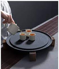 石磨粗陶茶盘陶瓷大号茶海圆形排水茶台功夫茶具储水茶承实木底座 tmall com天猫 serving tray coffee tea ceramics