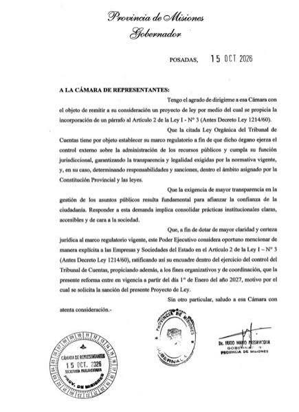 PASSALACQUA ENVI� A LA LEGISLATURA UN PROYECTO PARA AMPLIAR EL CONTROL DEL TRIBUNAL DE CUENTAS SOBRE EMPRESAS ESTATALES - Provincia de Misiones