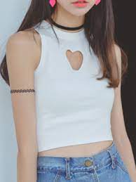 Fashion Choking 2015 Sexy White Round Neck Heart Open Cut Out Front Sleeveless Tight Crop Top