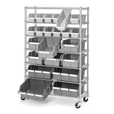 Neatly Organize And Sort Your Space With The Commercial 7 Shelf Bin Rack Storage System This Uniquely Patented Design Fe Bin Rack Storage Bin Racks Shelf Bins
