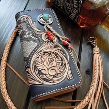 Handmade Leather Tooled Floral Mens Clutch Wallet Cool Wallet Long Wallets For Men Leather Tooling Leather Wallet Pattern Leather Handmade