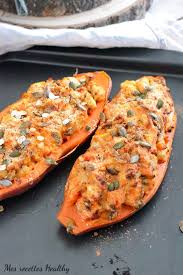 Patate Douce Farcie Au Poulet Et Bleu D Auvergne Mes Recettes Healthy Recette Patates Douces Farcies Recette Patate Douce Recette
