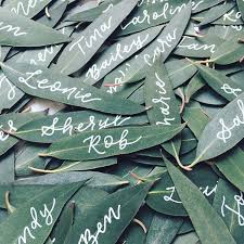 Gum Leaf Place Cards Hand Written Leaves Calligraphy Leaf Place Cards Australian Native Wedding Wedding Ideas In 2019 Wedding Themes Bush Wedding Wedding Colors