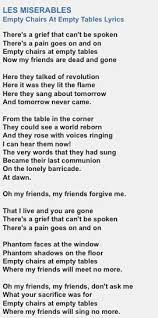 Check spelling or type a new query. Empty Chairs At Empty Tables Lyrics Les Miserables Lyrics Les Mis Movie