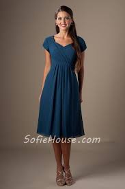 A Line Sweetheart Cap Sleeves Tea Length Navy Blue Chiffon Party Bridesmaid Dress Modest Bridesmaid Dresses Modest Dresses Pretty Bridesmaid Dresses