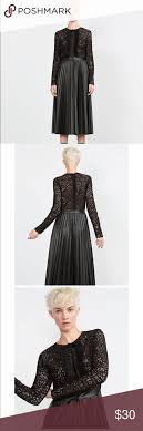 Zara Black Lace And Faux Leather Pleated Dress Lace And Faux Vegan Leather Dress Perfect Condition Zipper On The Back Lace Dress Pleated Dress Zara Dresses