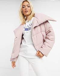 Asos Design Asymmetric Puffer Jacket In Baby Pink Asos