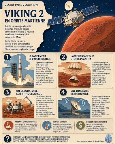 🚀 7 août 1976 – Viking 2 entre en orbite martienne Le 7 août 1976, la sonde américaine Viking 2 se place en orbite autour de Mars. Cette mission ouvre une nouvelle