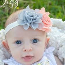 Babies Peach and Grey Head Band Hair Bow Shabby Chic Rose Vintage Birthdays  Photo Props Parties