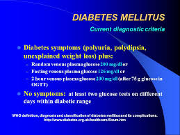 Diabetes Mellitus Current Diagnostic Criteria Diabetes Symptoms Polyuria Polydipsia Unexplained Weight Loss Plus Random Venous Plasma Glucose Ppt Download