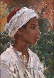 MARIE LUCAS-ROBIQUET (1858-1959) LE JEUNE TUNISIEN Huile sur panneau signée  en haut à droite. 22 X 16 cm