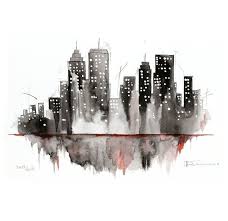 Black And White Cityscape Painting Watercolor Painting Original Art Print New York By Aquatory 45 00 Abstract City City Painting Art