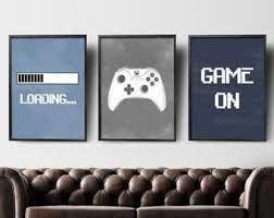Video Game Wall Art Gaming Wall Art Set Of 3 Blue Gray Nursery Prints For Boy Gaming Prints Set Gaming Room Decor Video Game Party In 2021 Game Room Wall Art