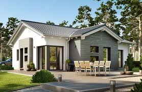 Bungalow Fertighaus Mit Satteldach Architektur Erker Holz Putz Fassade Grau Haus Ebenerdig Bauen Ideen Livin Fertighaus Bungalow Haus Bungalow Living Haus