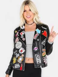 Shop Multi Patch Faux Leather Jacket Black Online Shein Offers Multi Patch Faux Leather Jacket Black Black Faux Leather Jacket Fashion Leather Jacket Outfits