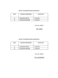 Download nota kosong dalam bentuk word documen (.docx) berbagi file nota dalam bentuk word document. Nota Permintaan Barang