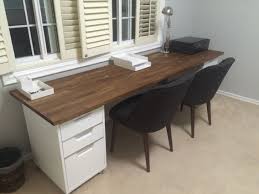 Double Desk 98 Inch Oak Ikea Numerar Butcher Block With Walnut Stain Finish Two Cb2 File Cabinets In White T Interior Paint Interior Paint Colors Room Paint