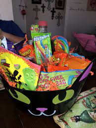 Spooky Basket Ideas Candy Chips Candles Drinks Socks Halloween Baskets Spooky Gifts Halloween Gift Baskets