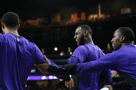 Personalize your videos, scores, and news! Los Angeles Lakers Forward Lebron James 23 Center Reacts With His Teammates After A Score By A Team During Their Nba Preseason Game Against The Golden State Warriors At T Mobile Arena In