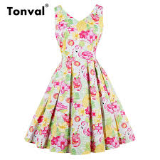 Us 17 59 30 Off Tonval Pineapple Print Summer Pleated Dress Women V Neck Vintage 1950s Dress Elegant Flamingo Sleeveless Cotton Dresses In Dresses