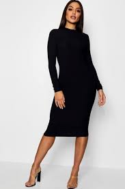 Ribbed High Neck Long Sleeved Midi Dress Boohoo Uk Long Sleeve Midi Dress Black Long Sleeve Midi Dress Black Dress Accessories