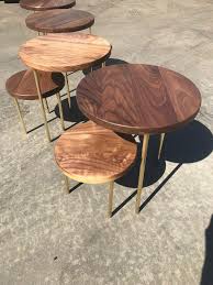 Walnut And Brass Accent Tables Nesting Tables Round Side Etsy Brass Accent Table Nesting Tables Accent Table
