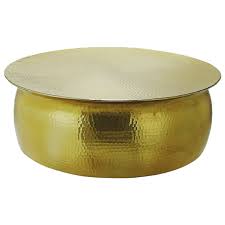 Hammer is a metal end table with round wooden top, characterised by a clean and slender design; Hammered Drum Coffee Table Gold Arco Style