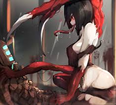 anderhorlo, isaac clarke, dead space, commentary request, 1boy, 1girl,  black sclera, blood, blood splatter, blush, breasts, claws, colored sclera,  covered erect nipples, cowgirl position, exposed muscle, extra arms, extra  mouth, girl on