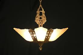 Sold Art Deco 1930 Vintage Light Fixture Five Original Etched Glass Shades Harp Gallery Antiques Furniture