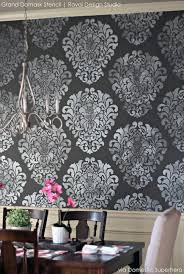 Black And White Wall Stencil Designs Grand Damask Stencil Draws Drama Into The Dining Room Dining Room Wall Color Dining Room Makeover Dining Room Feature Wall