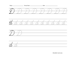 A printable guide with arrows and tracing guidelines in cursive for the letter d. Free Printable Cursive Letter D Worksheet