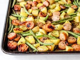 Sheet Pan Sausage Potatoes Green Beans Recipe Green Beans Whole Food Recipes Sausage Potatoes Green Beans