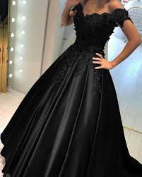 Lace Flower Off The Shoulder Satin Prom Dresses Ball Gowns Black Prom Dresses Applique Wedding Dress Black Prom Dress