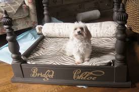 Re Purposed Coffee Table Into 4 Poster Dog Bed I Used Drapery Finials On The Ends Of The Table Legs Lucky Dog Dog Beds For Small Dogs Diy Dog Bed Dog Bed