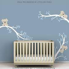 Baby Wall Decals For Nursery Decor White Tree Blue Leaves Wall Etsy Baby Wall Decals Nursery Wall Decals Baby Room Decor