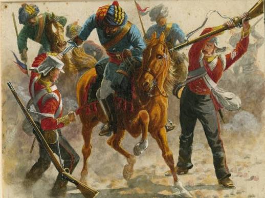 Sergt. R. Wadeson, 75th Regiment, coming to the rescue of Private R. Farrell, Indian Mutiny, 1857" by Henry A. Payne (1868-1940)