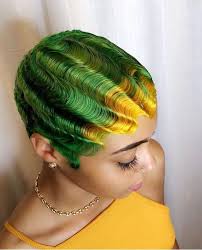 Green And Yellow Fingerwaves Finger Waves Short Hair Short Hair Styles Multicolored Hair