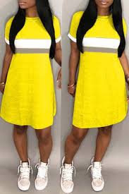 Casual Patchwork Knee Length Dress Sleeveless Short Dress Yellow Knee Length Dress Gray Mini Dresses