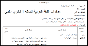 مذكرات اللغة العربية للسنة الاولى 1 ثانوي جذع مشترك علوم و تكنولوجيا Pdf