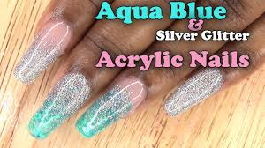 Acrylic nail tips and nail tip glue. Acrylic Nails Aqua Blue And Silver Glitter Nails Full Set With Tips Longhairprettynails Youtube
