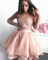 Sheer Tulle Skirt Pink Short Homecoming Dress With Long Lace Sleeve Hd3162 Long Sleeve Homecoming Dresses Blush Homecoming Dress Lace Homecoming Dresses